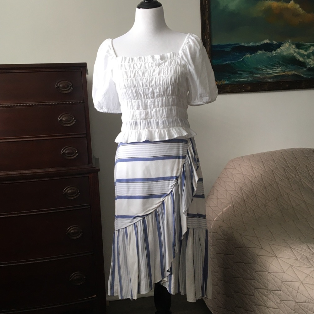 LOFT Striped Ruffle Skirt Cottagecore Spring Faux Wrap Skirt - Picture 3 of 7